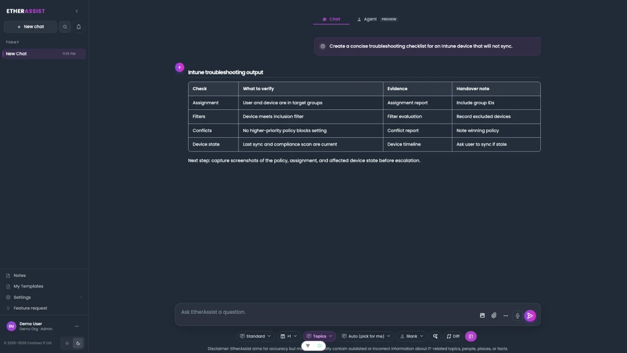 EtherAssist answering an Intune troubleshooting question with a step by step checklist