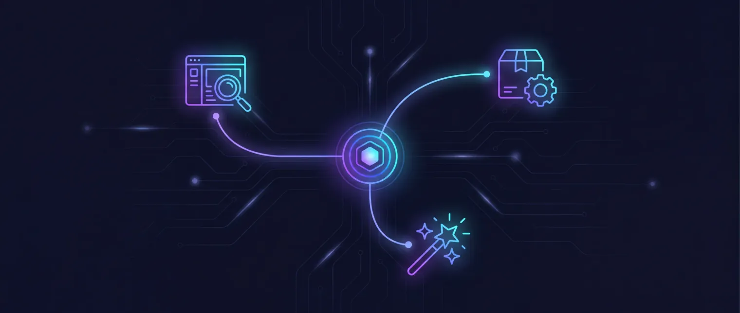 EfficientEther three-product portfolio represented as a central hub connected to pictographic glyphs for visibility, secure AI, and application packaging.