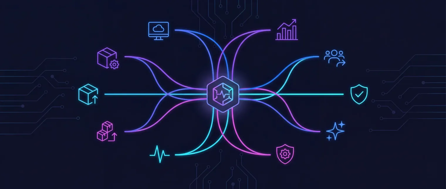 Solution discovery map with a central hub connected by flow lines to twelve pictographic solution-category glyphs across the Microsoft estate.