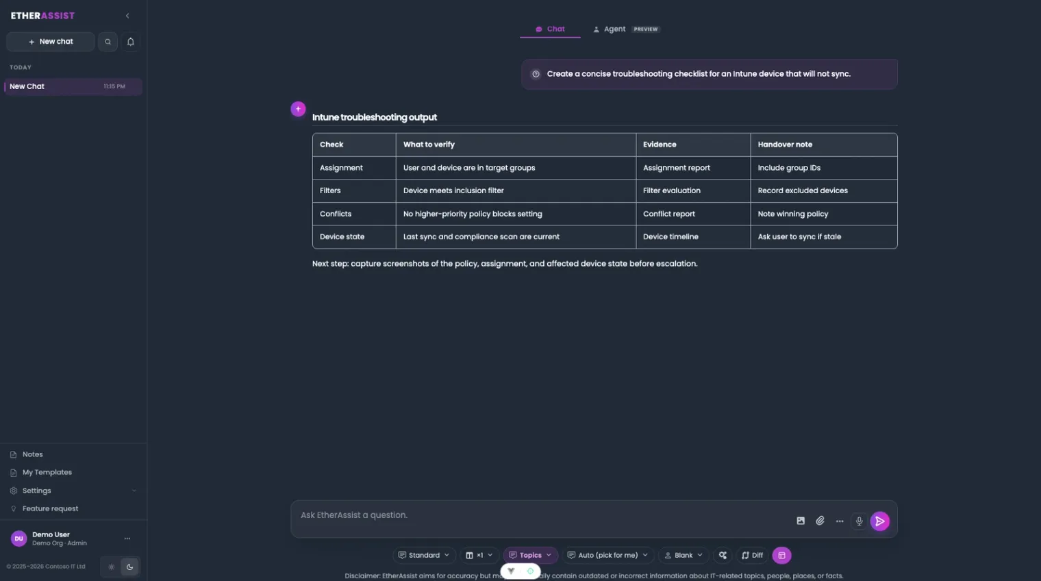 IT operations diagram: ticket, logs, and knowledge inputs flow through tenant-aware triage (Microsoft 365), workflow execution (Intune / Entra), and documentation capture (knowledge base), producing an audit-ready run history with owners, timestamps, and attribution.