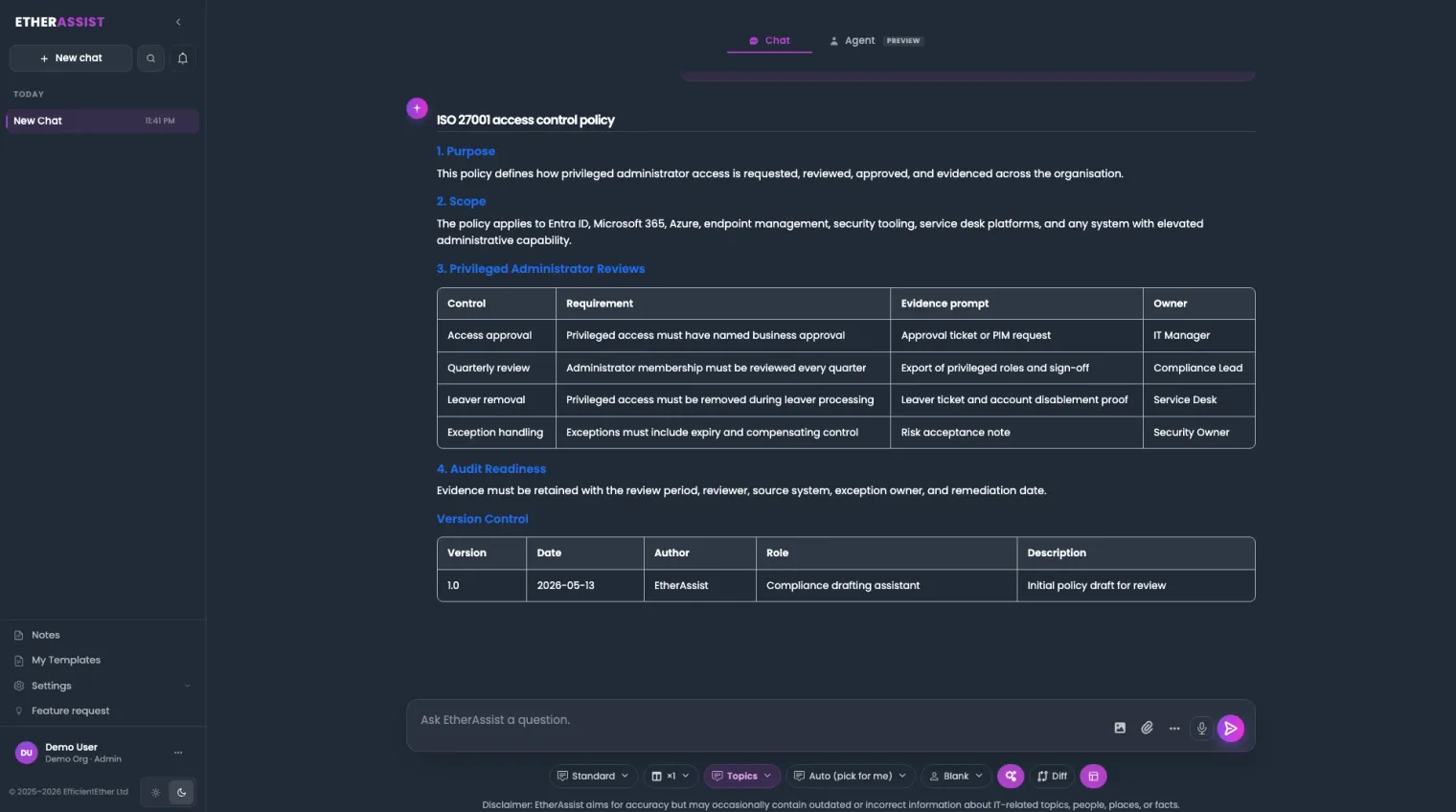 ISO compliance workflow diagram: a control catalogue (ISO 27001, ISO 9001, ISO 42001) feeding policy creation, assessment, procedure record, and evidence pack stages - each with a named owner role - and ending at reviewer sign-off with an audit trail.
