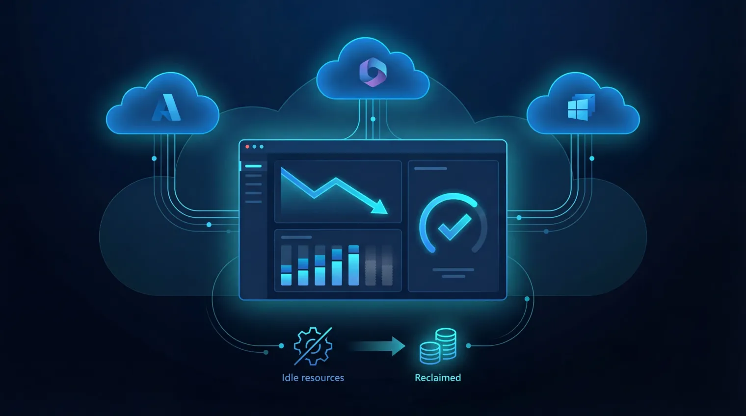 Cloud cost optimisation diagram: M365 licences, Azure spend, and Cloud PC fleet inputs flow through inactive licences, right-size opportunities, and cohort drift review stages into a savings evidence pack with owners and next actions.
