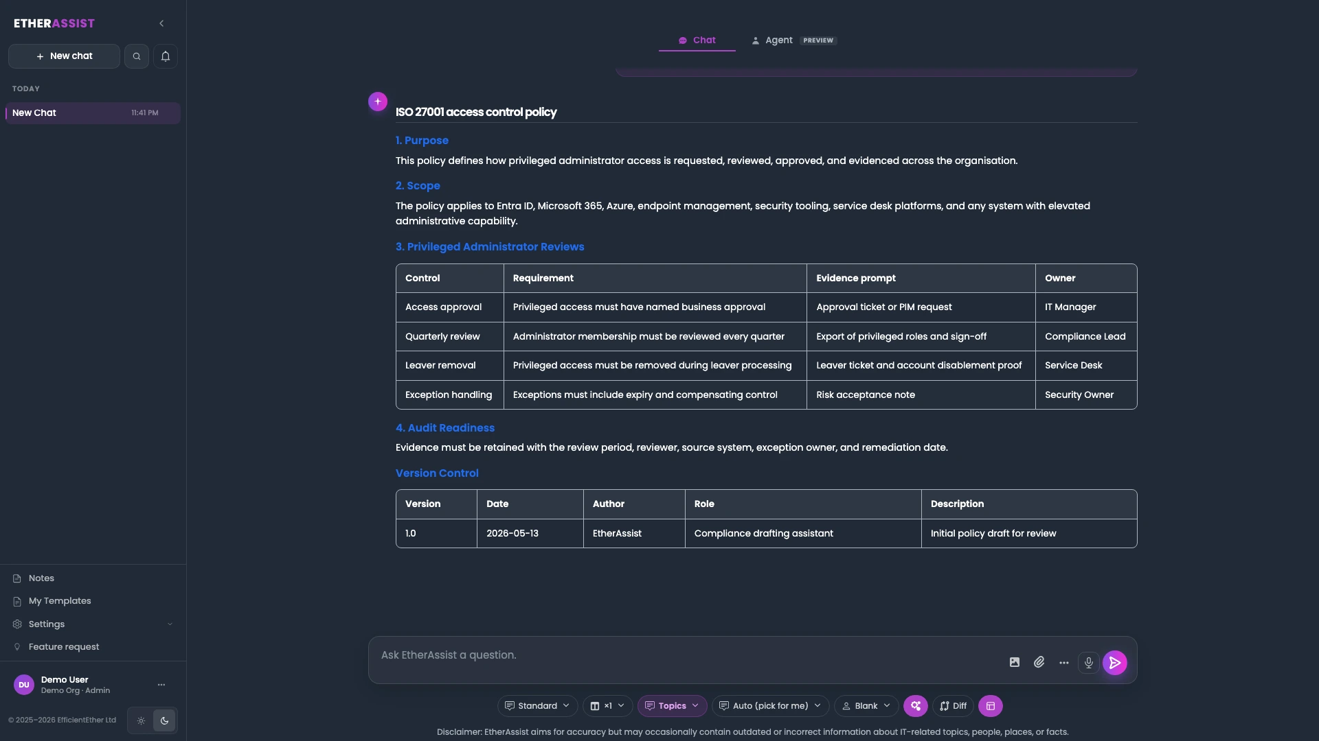 EtherAssist ISO policy assistant preparing reviewable policy and evidence output.
