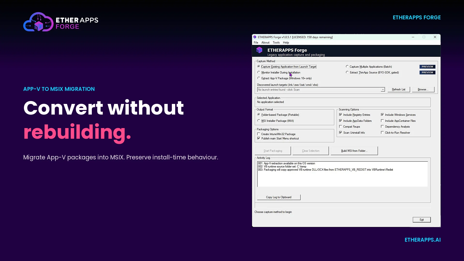 EtherApps Forge App-V to MSIX migration with capture method dialog and output format choices.