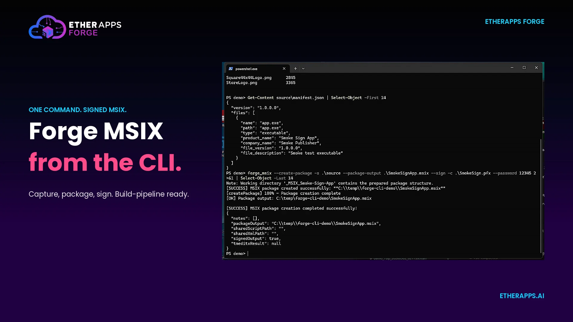 EtherApps Forge MSIX CLI single-command MSIX from a captured application source folder.