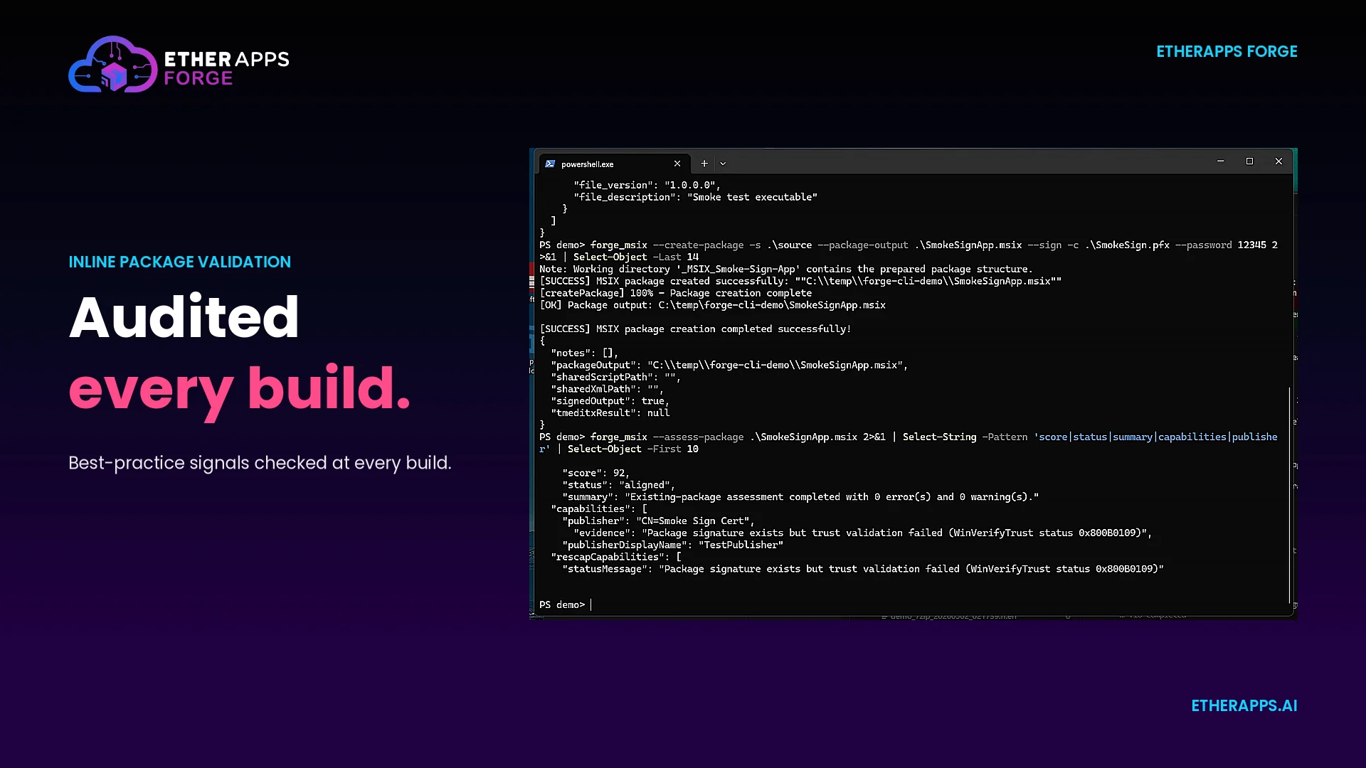 EtherApps Forge MSIX CLI assessment output with score, status, capabilities, and publisher alignment.