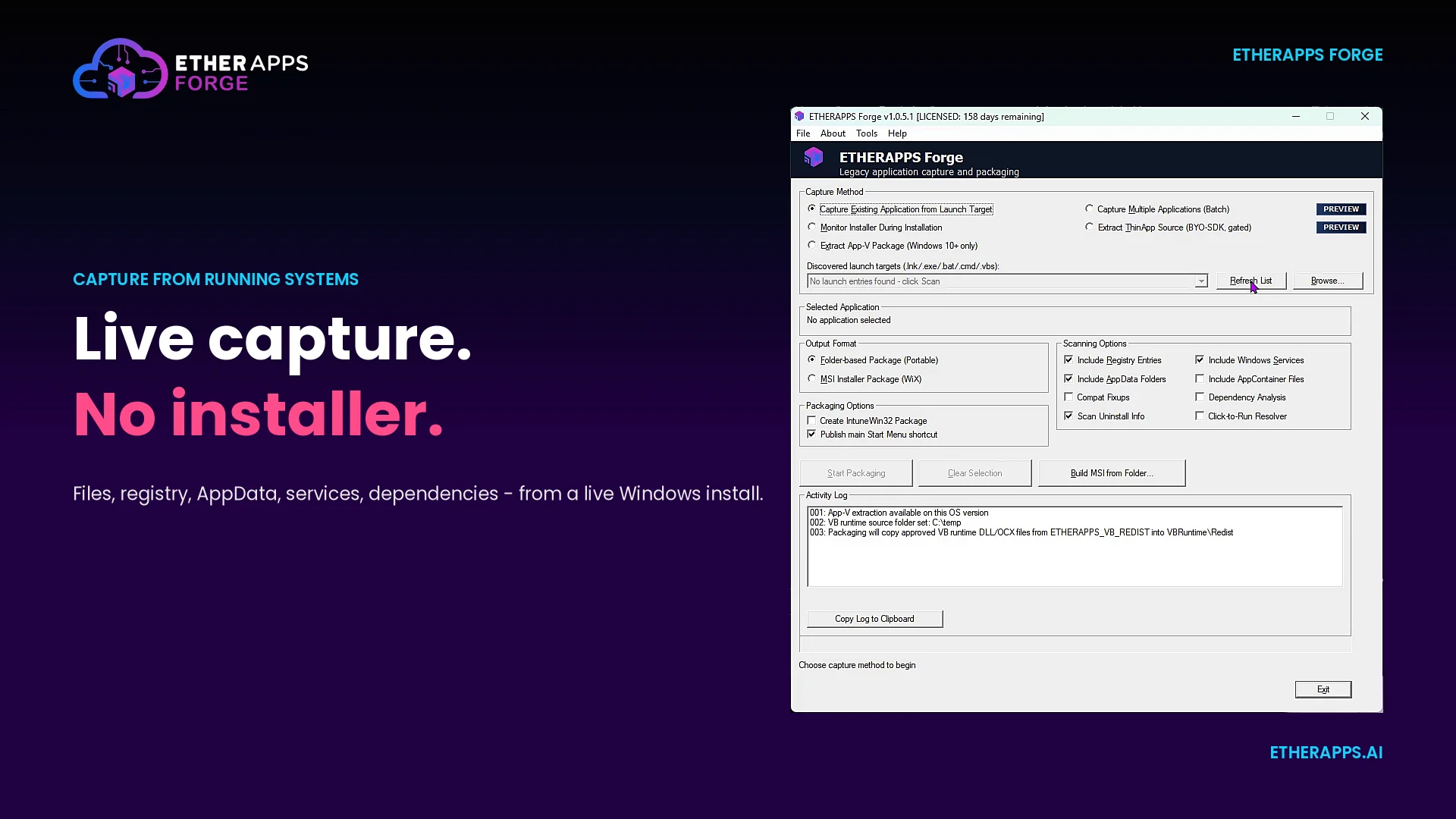 EtherApps Forge live capture wizard with capture-method radios and Capture Existing selected.